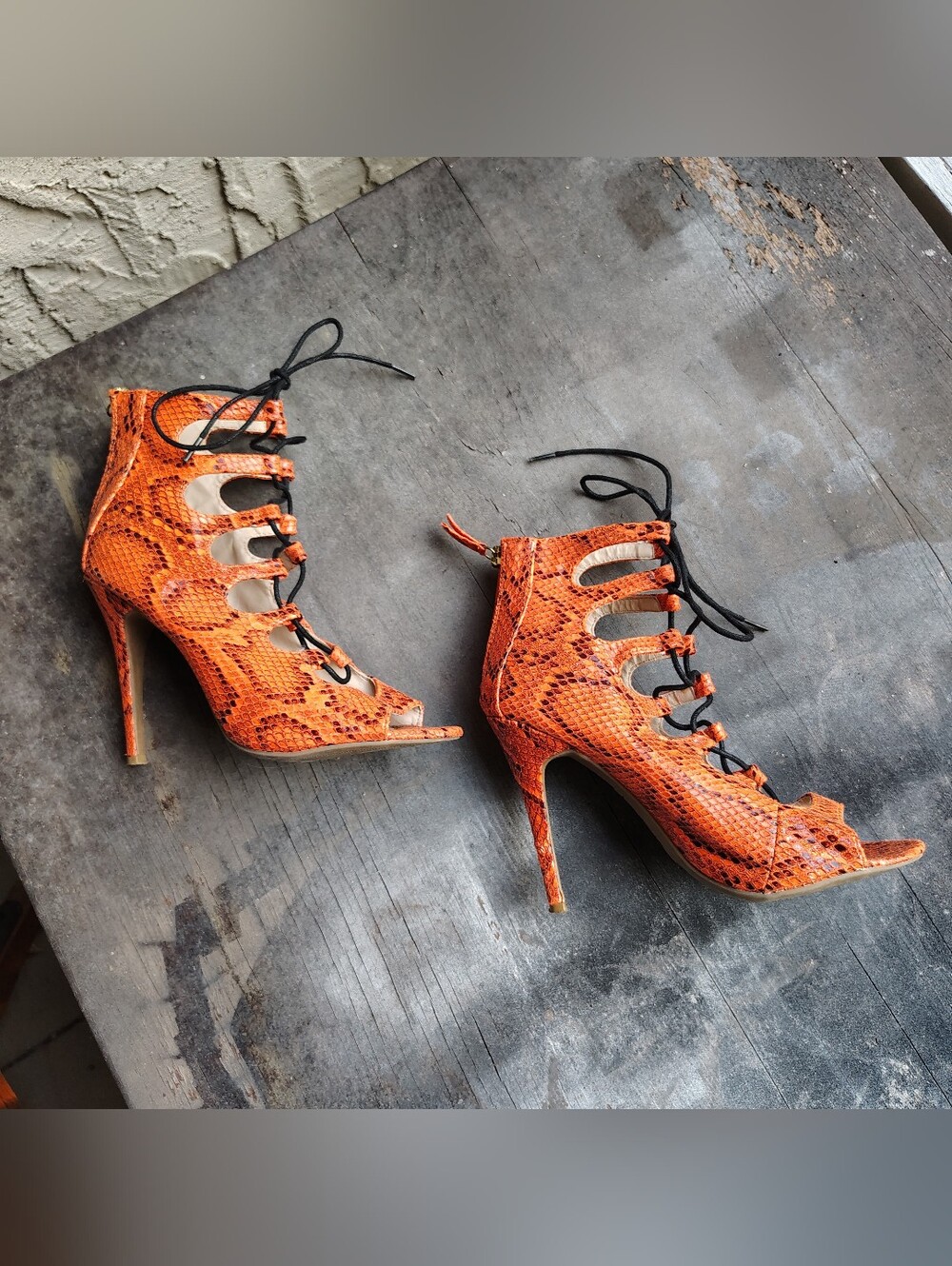 Orange Snakeskin Print Peep-Toe Lace-up Stiletto Heels Size 7 Vegan Heeled Boots